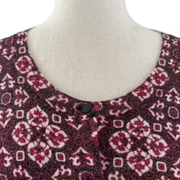 Talbots Womens Cardigan Sweater Burgundy Wine Paisley Print Metallic Gold L NWOT - Picture 2 of 13